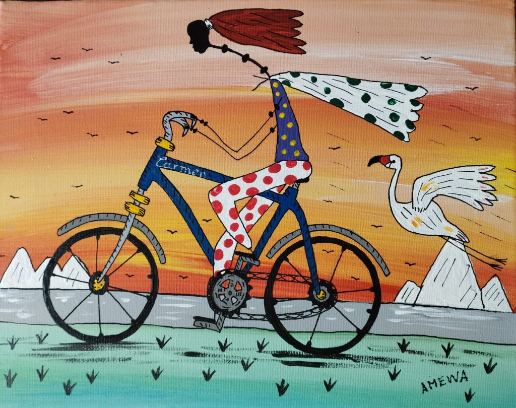 Cuadro realizado por el artista Amewa basándose en la descripción que le dieron de mí: en bicicleta, en unas salinas, con flamencos y con la melena al aire