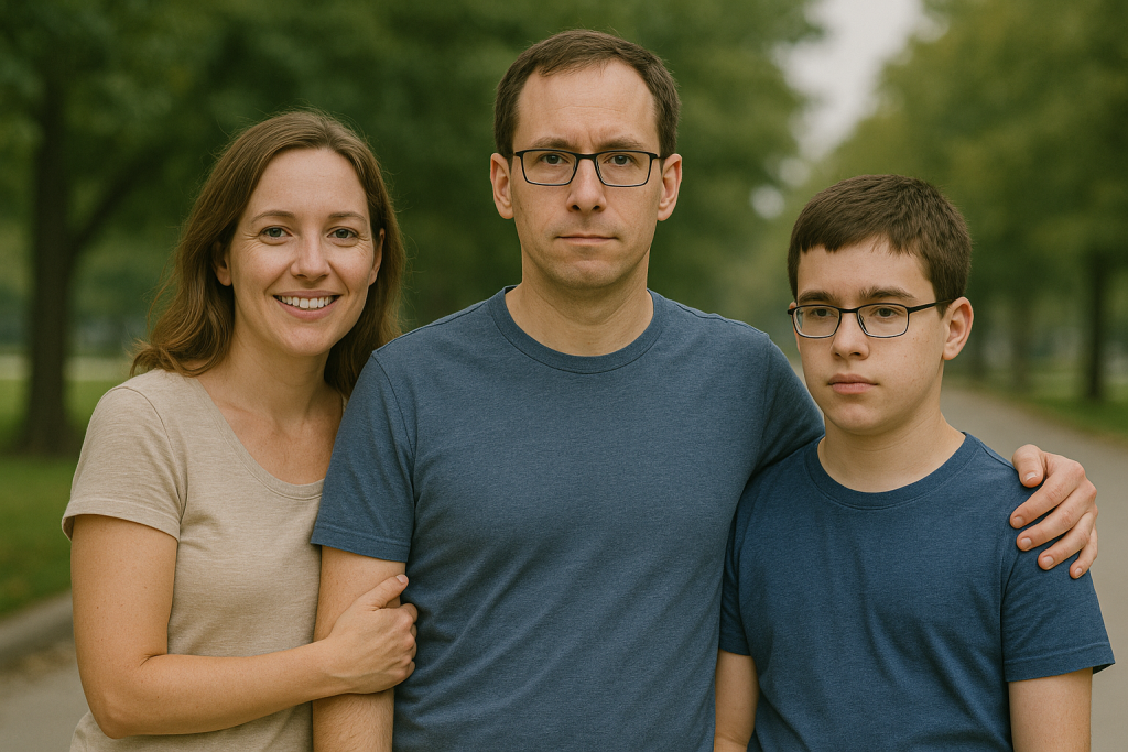 Imagen de familia compuesta por una mujer neurotípica y un padre y un hijo neurodivergentes