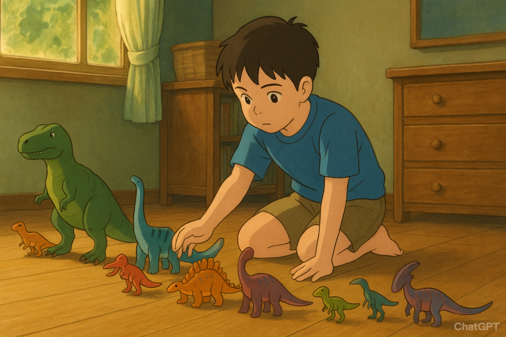 Niño autista con su colección de dinosaurios